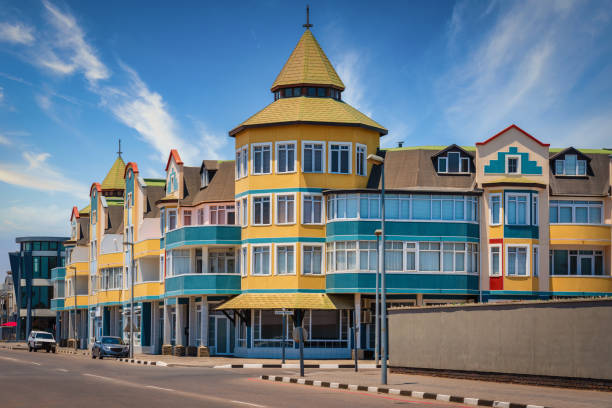 Downtown Swakopmund City Namibia Colorful German Colonial Architecture Buildings under blue Summer Sky. Swakopmund, Erongo District, Namibia, Africa