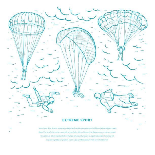 illustrazioni stock, clip art, cartoni animati e icone di tendenza di modello vettoriale di schizzo sportivo estremo. paracadutisti che volano con parapendio e paracadute - skydiving action activity adrenaline