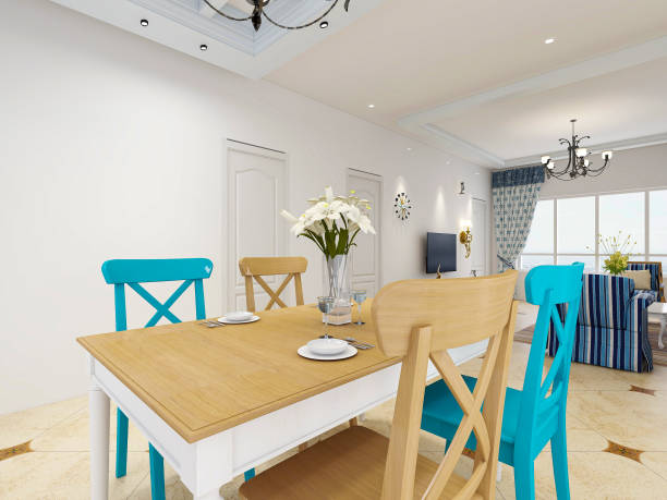 istock 3D rendering, warm dining room area design, wooden table and chair 1215271733