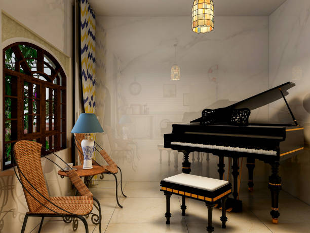 3D rendering, bedroom with chair and piano