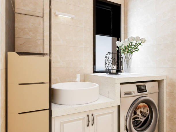istock 3D rendering,Clean modern residential bathroom and toilet design, which is equipped with washstand, toilet and shower equipment, etc. 1215274122