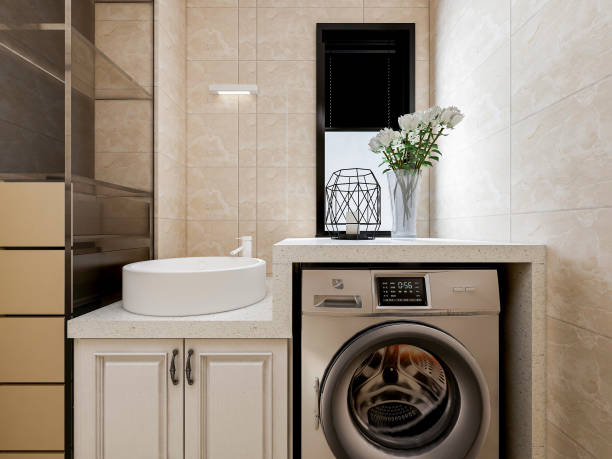 istock 3D rendering,Clean modern residential bathroom and toilet design, which is equipped with washstand, toilet and shower equipment, etc. 1215274131