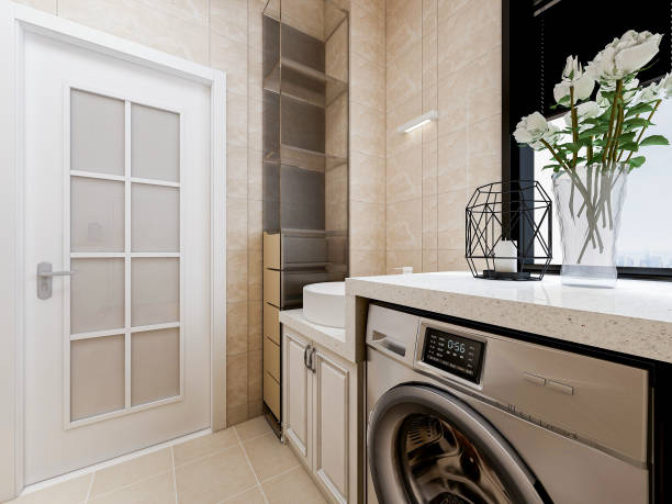 istock 3D rendering,Clean modern residential bathroom and toilet design, which is equipped with washstand, toilet and shower equipment, etc. 1215274138