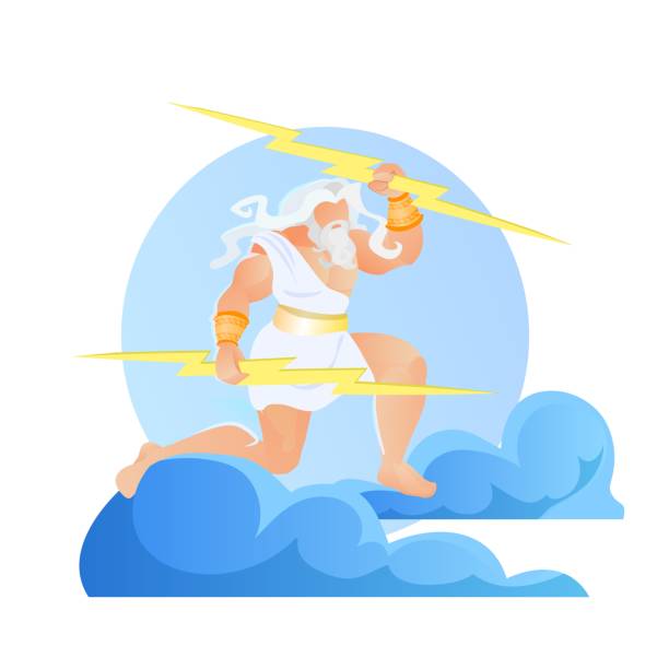 illustrations, cliparts, dessins animés et icônes de zeus thunderer avec des éclairs dans les mains, jupiter - sport parent bleachers family