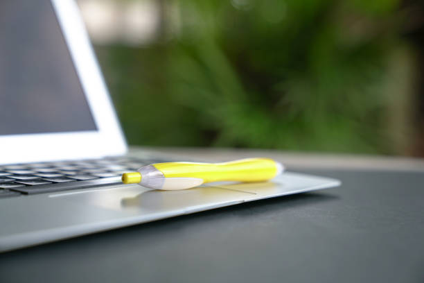 istock Yellow pen on computer laptop. Green nature background, copy space. 1215277546