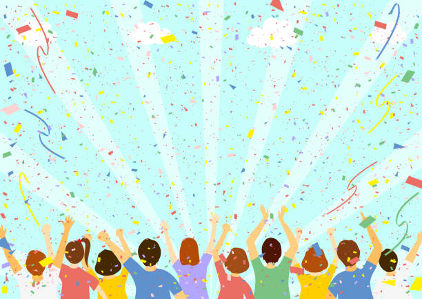 ilustraciones, imágenes clip art, dibujos animados e iconos de stock de mucha gente y radiación en el cielo azul - cabalgata
