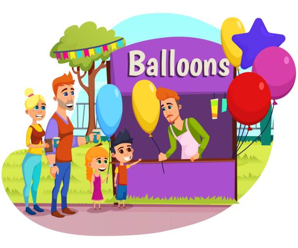 illustrazioni stock, clip art, cartoni animati e icone di tendenza di pubblicità volantino iscrizione palloncini cartone animato. - child balloon selling sign