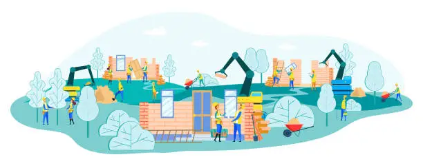 Vector illustration of Working Process on Construction Site with Builders