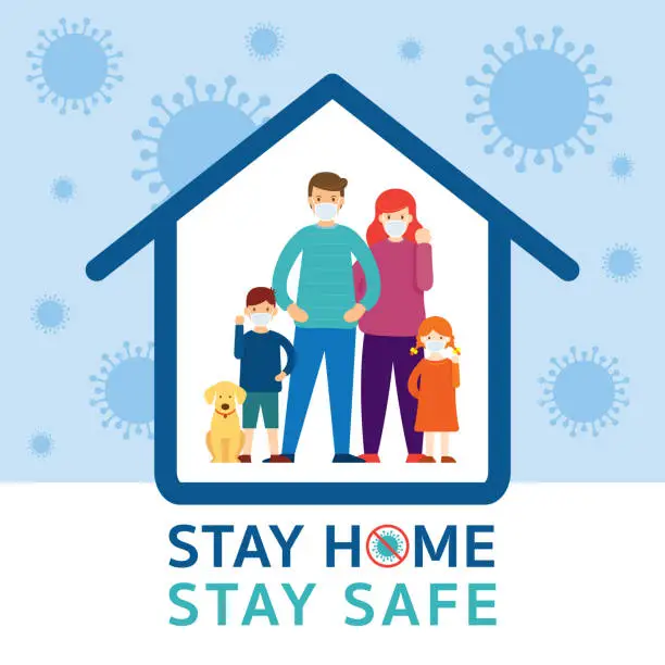 Vector illustration of Family wearing Face Mask Stay Home to Fight Against Covid-19