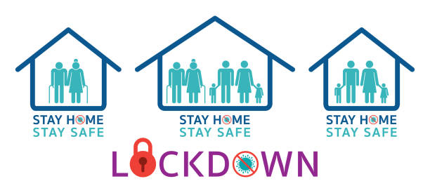 People Stay Home Stay Safe and Lockdown Pictogram Symbols Preventive Measures, Prevention of Coronavirus or Covid-19 stay at home order stock illustrations