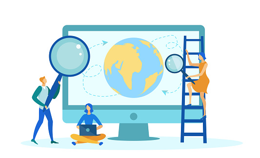 Desktop Computer with Earth Planet on Screen Flat Cartoon Vector Illustration. Woman Standing on Ladder with Magnifying Glass Checking Globe Routes. Man Holding Big Magnifier. Woman with Laptop.