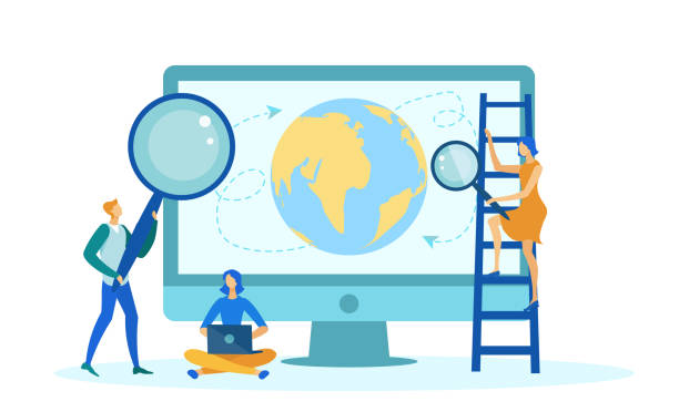 Desktop Computer with Earth Planet on Screen. Desktop Computer with Earth Planet on Screen Flat Cartoon Vector Illustration. Woman Standing on Ladder with Magnifying Glass Checking Globe Routes. Man Holding Big Magnifier. Woman with Laptop. electronic discovery stock illustrations