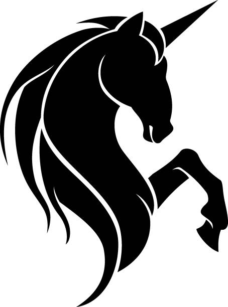 ilustraciones, imágenes clip art, dibujos animados e iconos de stock de silueta de símbolo de fantasía de unicornio negro - unicornio cabeza