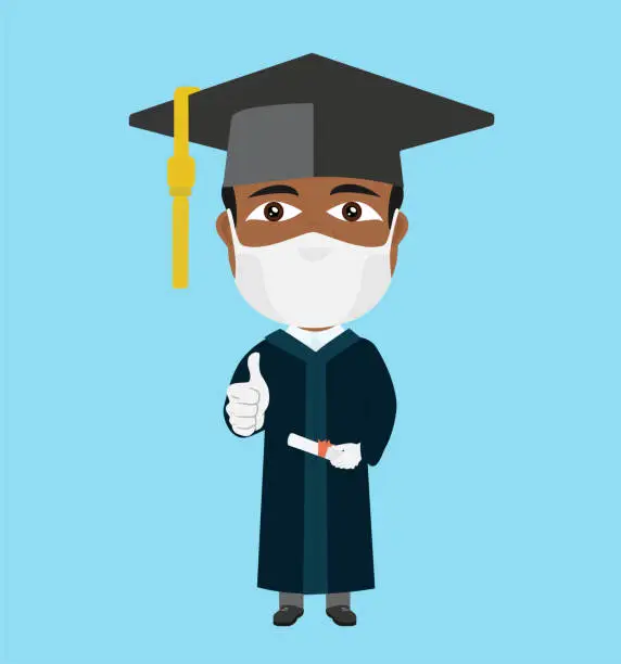Vector illustration of Black dark skin Afro African confused graduate with mask white gloves thumb up hat diploma in his hand
