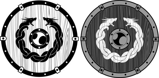 Viking Wooden Dragon Shield Set Isolated vector illustration of medieval shield, viking or Norse culture viking shield designs stock illustrations