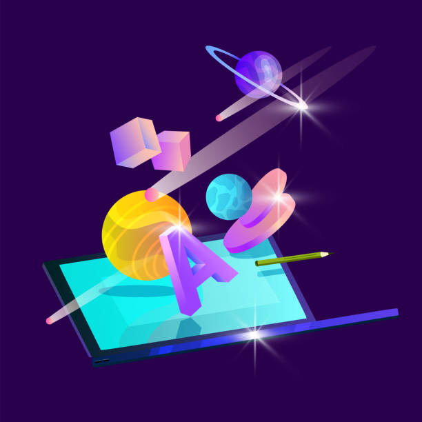 istock Vector abstract illustration with laptop, planets, shooting stars, geometrical shapes, Saturn, letters. 1215285402