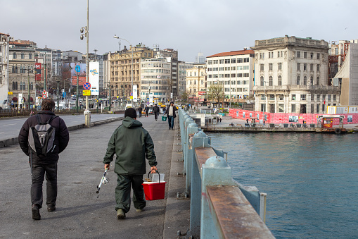 View from the empty Galata Bridge, famous for anglers. Istanbul Metropolitan Municipality banned fishing within its borders within the scope of corona virus measures.
