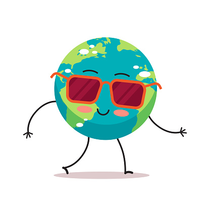 cute earth character wearing sunglasses cartoon mascot globe personage save planet global warming concept isolated vector illustration