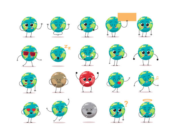 ilustraciones, imágenes clip art, dibujos animados e iconos de stock de establecer personajes de tierra lindos con diferentes emociones de dibujos animados mascota globo personajes colección salvar el concepto de planeta aislado - posing earth planet map