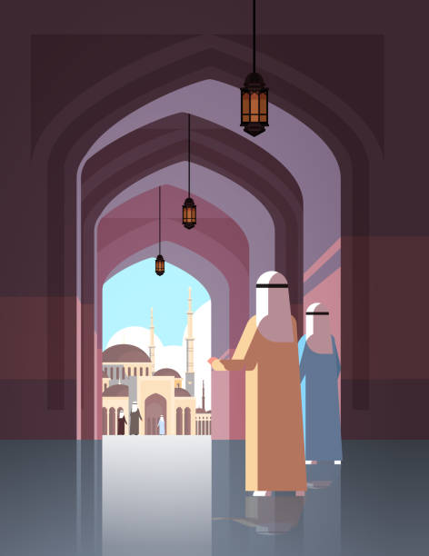 arab people coming to nabawi mosque building muslim religion concept vertical flat full length arab people coming to nabawi mosque building muslim religion concept vertical flat full length vector illustration allah the god islam cartoons stock illustrations