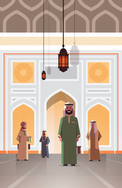 arab people coming to nabawi mosque building muslim religion concept arabic men in traditional clothes flat full length arab people coming to nabawi mosque building muslim religion concept arabic men in traditional clothes vertical flat full length vector illustration allah the god islam cartoons stock illustrations