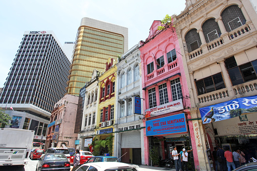 Kuala Lumpur, Malaysia - March 27, 2011. Old and colorful buildings near Leboh Ampang in Kuala Lumpur's Chinatown district.
