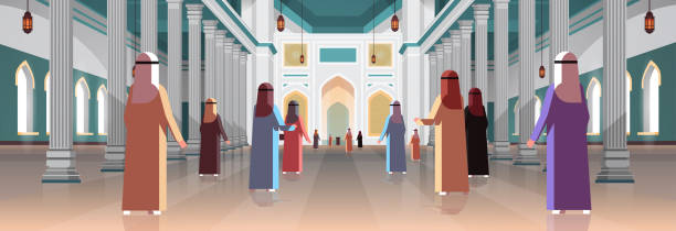 arab people coming to nabawi mosque building muslim religion concept rear view arabic prayers in traditional clothes ramadan kareem holy month horizontal flat full length arab people coming to nabawi mosque building muslim religion concept rear view arabic prayers in traditional clothes ramadan kareem holy month horizontal flat full length vector illustration allah the god islam cartoons stock illustrations