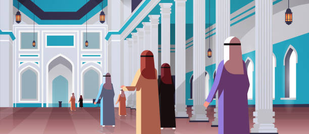 arab people coming to nabawi mosque building muslim religion concept rear view arabic prayers in traditional clothes ramadan kareem holy month horizontal flat arab people coming to nabawi mosque building muslim religion concept rear view arabic prayers in traditional clothes ramadan kareem holy month horizontal flat vector illustration allah the god islam cartoons stock illustrations
