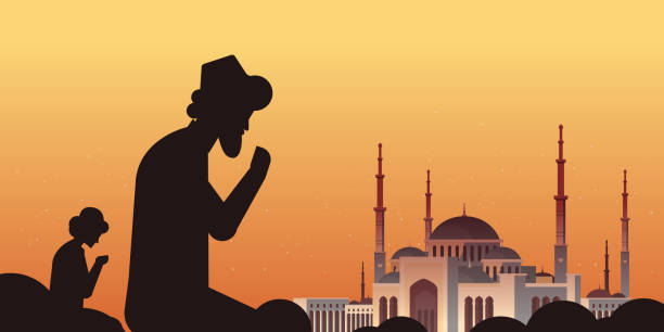 religious muslim men silhouettes kneeling and praying ramadan kareem holy month religion concept nabawi mosque building sunset background flat portrait horizontal religious muslim men silhouettes kneeling and praying ramadan kareem holy month religion concept nabawi mosque building sunset background flat portrait horizontal vector illustration allah the god islam cartoons stock illustrations