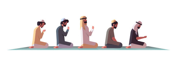 религиозные мусульманские мужчины на коленях и молиться на ковер рамадан карим священный месяц религии концепции плоские изолированные п� - muslim cap stock illustrations