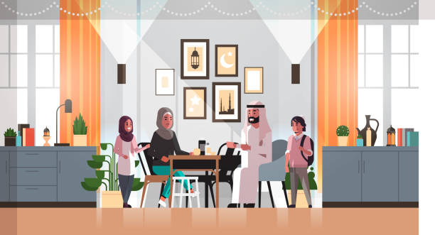muslim family celebrating ramadan kareem holy month living room interior arabic parents and children in traditional clothes spending time together flat horizontal full length muslim family celebrating ramadan kareem holy month living room interior arabic parents and children in traditional clothes spending time together flat horizontal full length vector illustration father allah stock illustrations