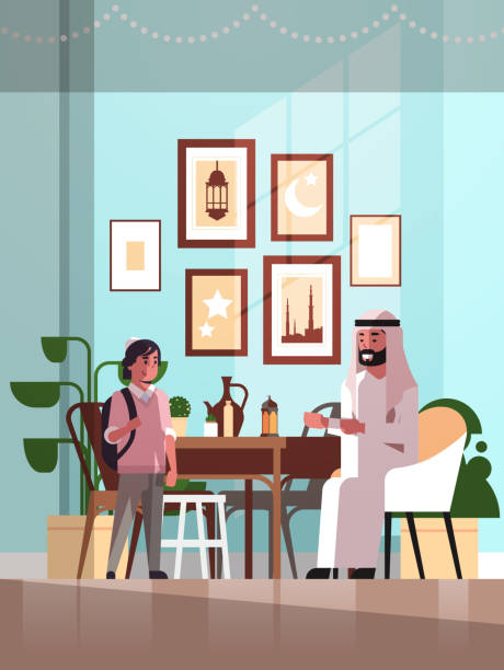 muslim family celebrating ramadan kareem holy month living room interior arabic father and son in traditional clothes spending time together flat vertical full length muslim family celebrating ramadan kareem holy month living room interior arabic father and son in traditional clothes spending time together flat vertical full length vector illustration father allah stock illustrations