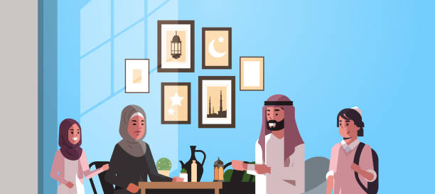 muslim family celebrating ramadan kareem holy month living room interior arabic parents and children in traditional clothes spending time together flat horizontal portrait muslim family celebrating ramadan kareem holy month living room interior arabic parents and children in traditional clothes spending time together flat horizontal portrait vector illustration father allah stock illustrations