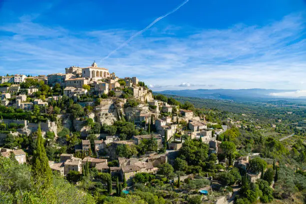 Landscape with hilltop village Gordes in the French Provence, Luberon national park.