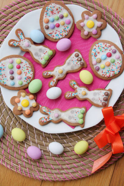 istock Homemade Easter cookies in shape of bunny and Easter eggs on a plate 1215290852
