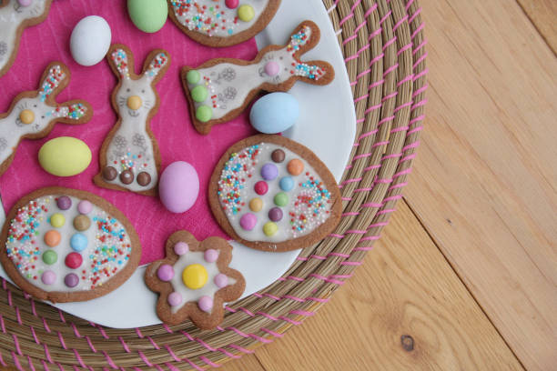 istock Homemade Easter cookies in shape of bunny and Easter eggs on a plate 1215290893