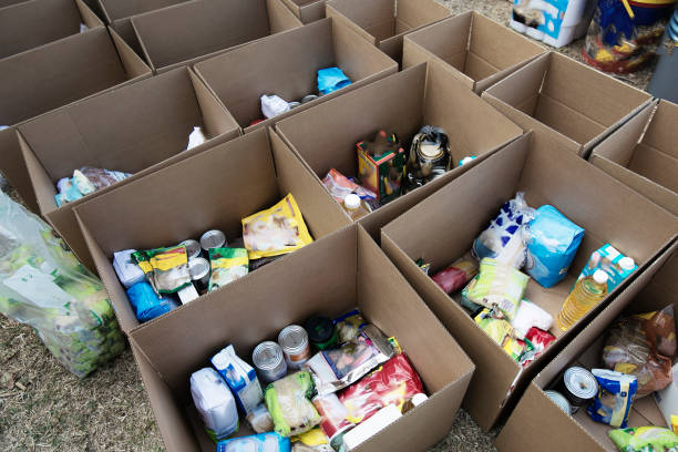 scatole di cartone piene di donazioni di cibo - charity and relief work foto e immagini stock