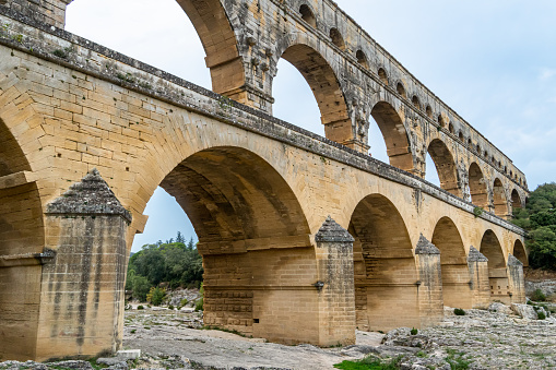 Three-tiered aqueduct Pont du Gard was built in Roman times on the river Gardon. France