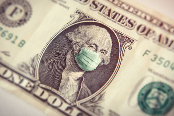 Coronavirus one dollar bill Coronavirus one dollar bill with picture of G. Washington president with surgical mask american one dollar bill photos stock pictures, royalty-free photos & images
