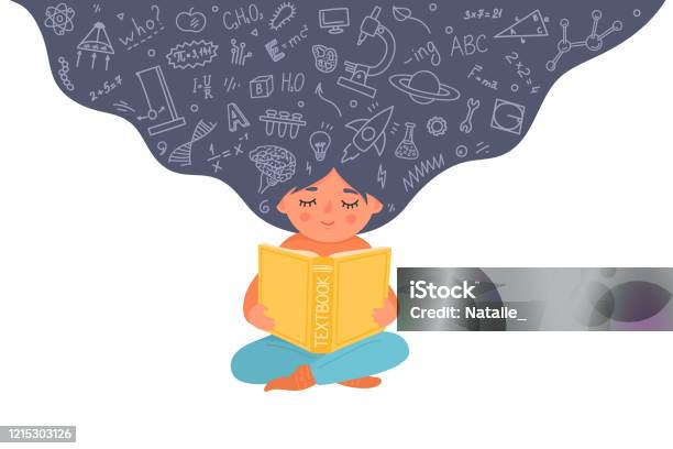 소녀 독서 교과서 아이에 대한 스톡 벡터 아트 및 기타 이미지 - 아이, 읽기, 학습