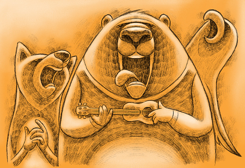 digital painting / raster illustration of happy bear playing ukulele and singing with friends
