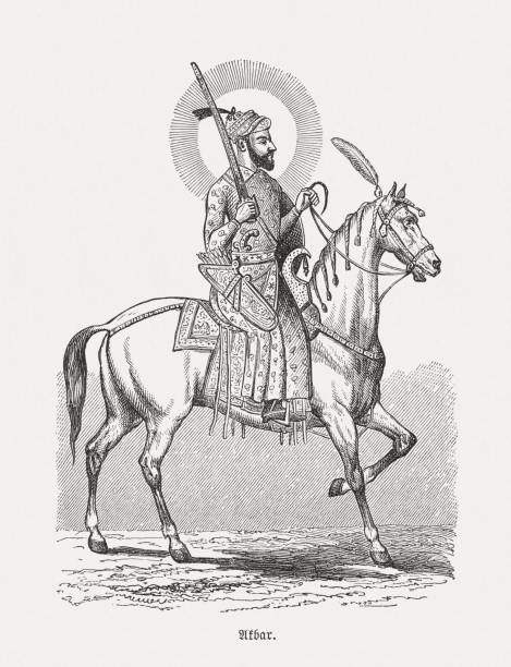 akbar der große (1542-1605), indischer mogul, holzstich, veröffentlicht 1893 - mogal stock-grafiken, -clipart, -cartoons und -symbole