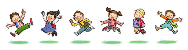 illustration von kindern springen set b (mit tasche) - randoseru ranzen stock-grafiken, -clipart, -cartoons und -symbole