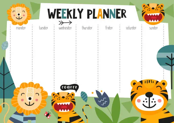 Vector illustration of weekly planner with jungle animals