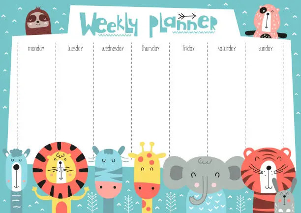 Vector illustration of weekly planner with funny forest animals