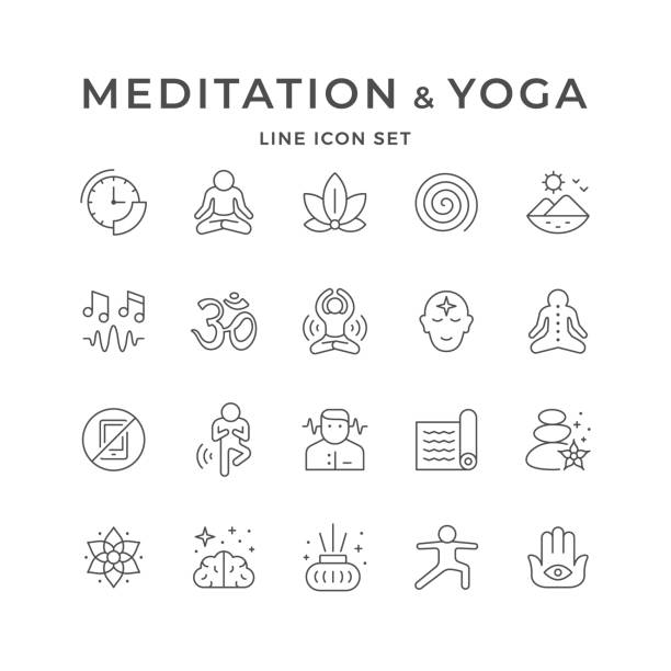 Set line icons of meditation and yoga Set line icons of meditation and yoga isolated on white. Lotus position, zen, mind concentration, outdoor, aroma sticks, spa, sound or music, mat for exercise, wellness. Vector illustration yoga stock illustrations
