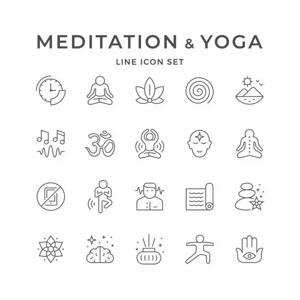 Vector illustration of Set line icons of meditation and yoga