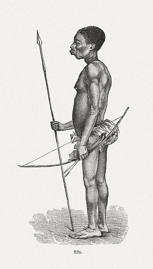 Warrior of the Aka people. The Aka or Bayaka (also BiAka, Babenzele) are a nomadic Mbenga pygmy people in southwestern Central African Republic and in northern Republic of the Congo. Wood engraving, published in 1893.