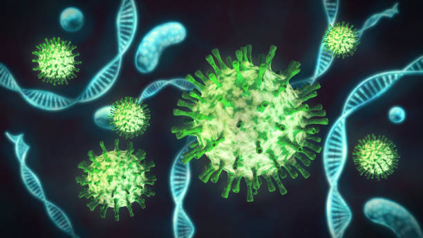 istock Green Coronavirus cells with DNA extreme close up on dark background 1215309185