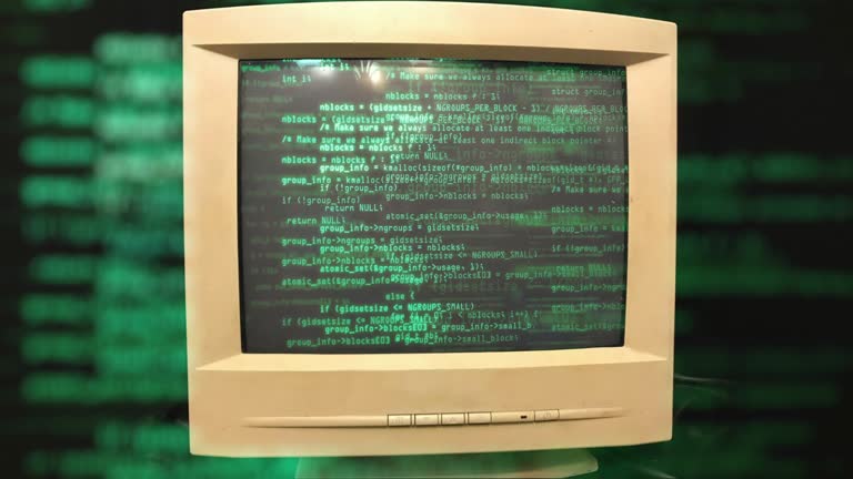 Hacking a vintage old vintage TV or computer monitor screen 80s 90s style. Glitches on screen monitor. Abstract source code data flow. Purple and blue text. screen noise. VHS style. Old kinescope